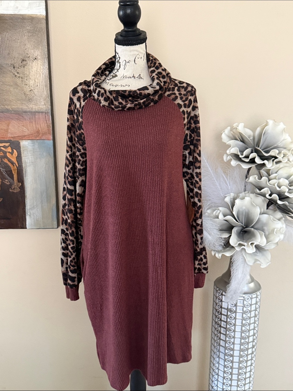 Leopard Sleeve Cowl Neck Sweater Dress - Rust